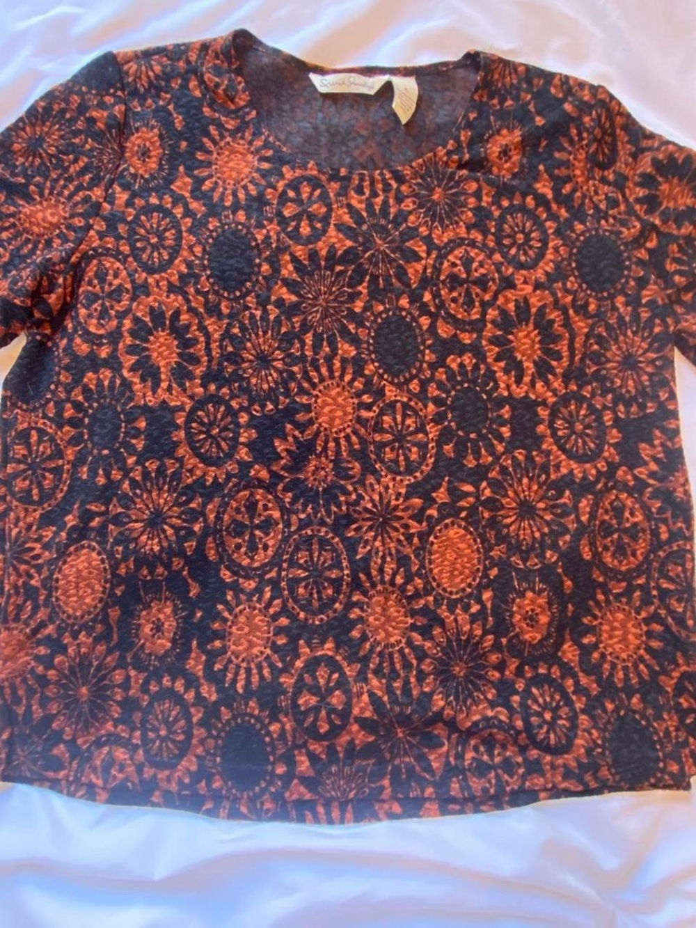 French Laundry Short Sleeve Tee in Black and Orange Floral Medallion Print